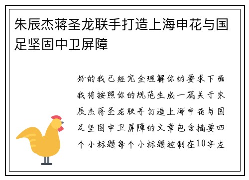 朱辰杰蒋圣龙联手打造上海申花与国足坚固中卫屏障