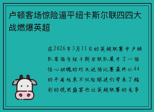 卢顿客场惊险逼平纽卡斯尔联四四大战燃爆英超